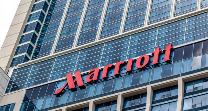 Niagara Falls, Ontario, Canada - September 3, 2019: Sign of Marriott on the building in Niagara Falls, Ontario, Canada. Marriott International is an American hospitality company.