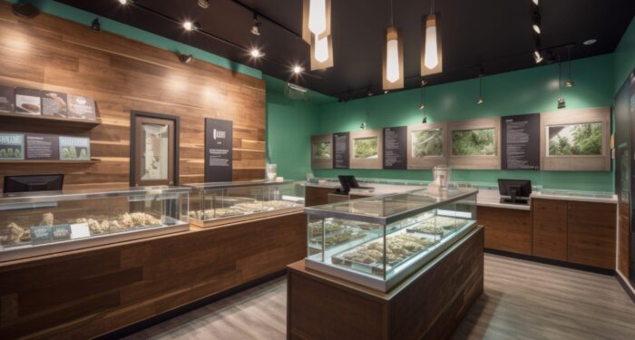 medical marijuana dispensary, with variety of products and sleek design, created with generative ai