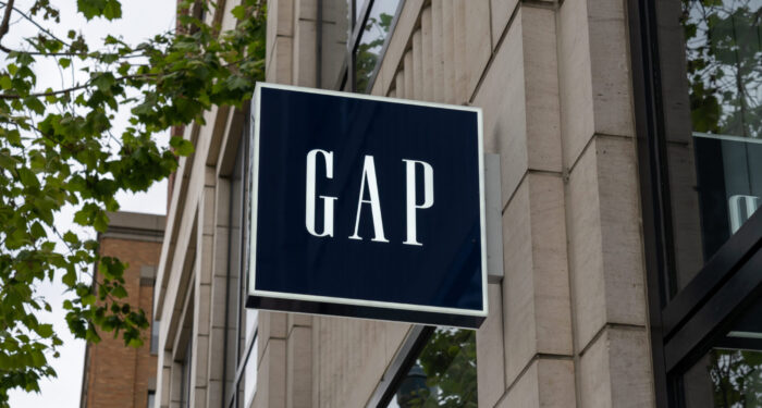 The Gap hanging sign on the building at the headquarters building in San Francisco, California, USA - June 6, 2023. Gap Inc. is an American worldwide clothing and accessories retailer.