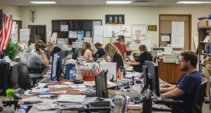 An office of a political campaign headquarters, filled with volunteers, effort of political campaigns